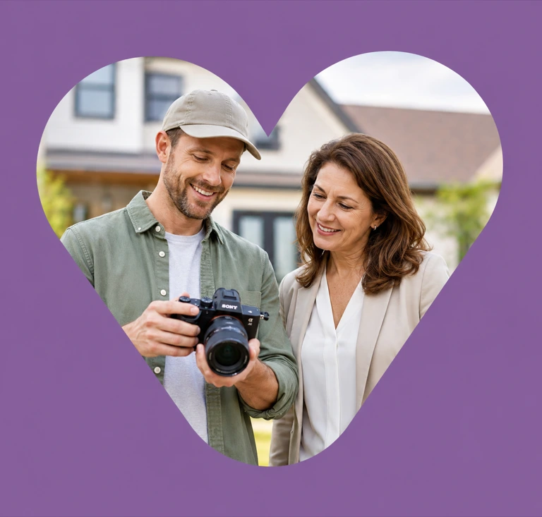 A real estate agent and a photographer reviewing shots together outside a home