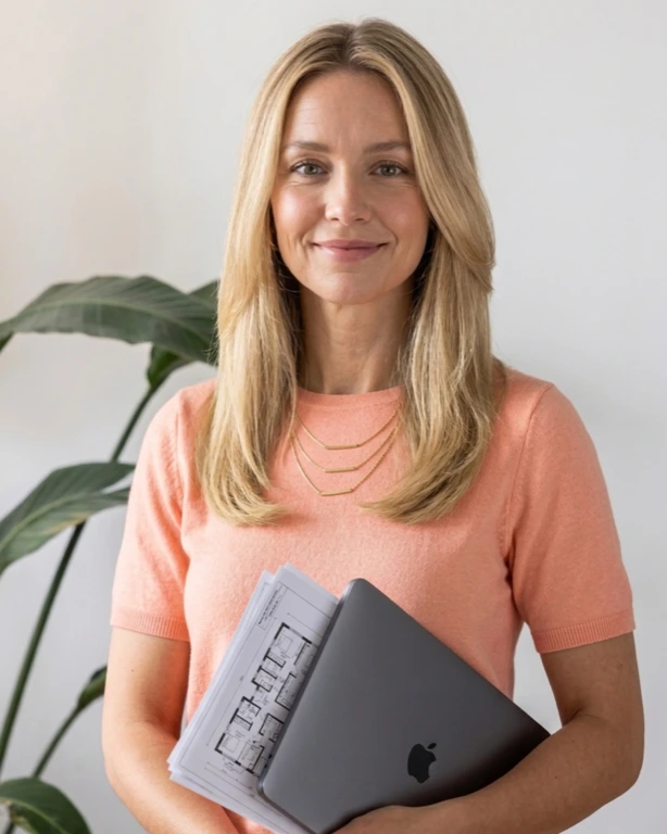 Real estate agent holding a laptop and floor plans